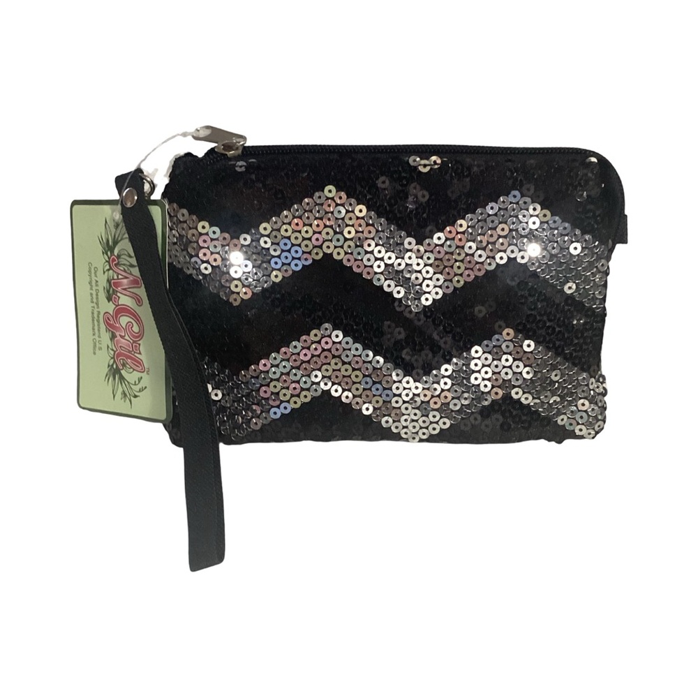 N Gil Tik Tok Trend Black & Silver Sequin Zippered Wristlet Clutch Shoulder Bag